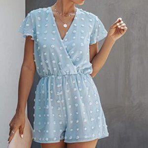 Angashion Women’s Rompers-Summer Deep V Neck Wrap Floral Polka Dot Short Sleeve
